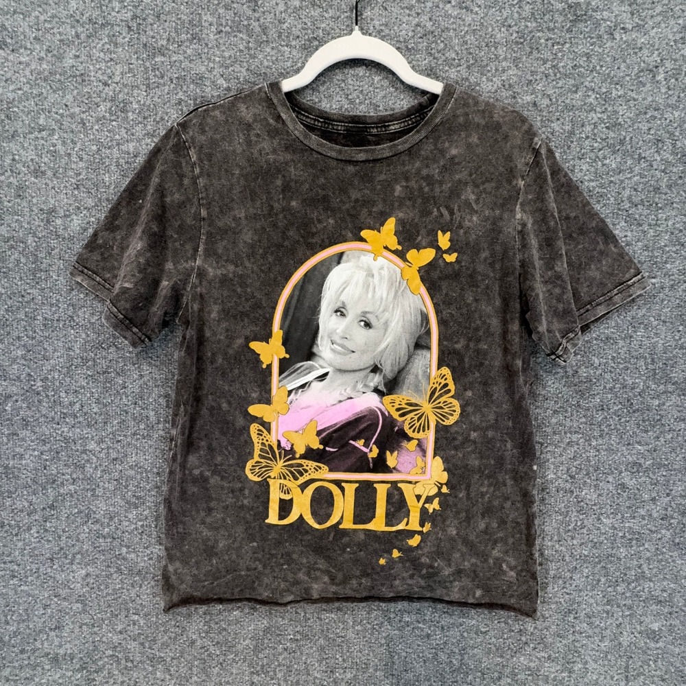 Dolly Parton Tshirt Women Medium Black Acid Wash Butterfly Graphic Tee Concert